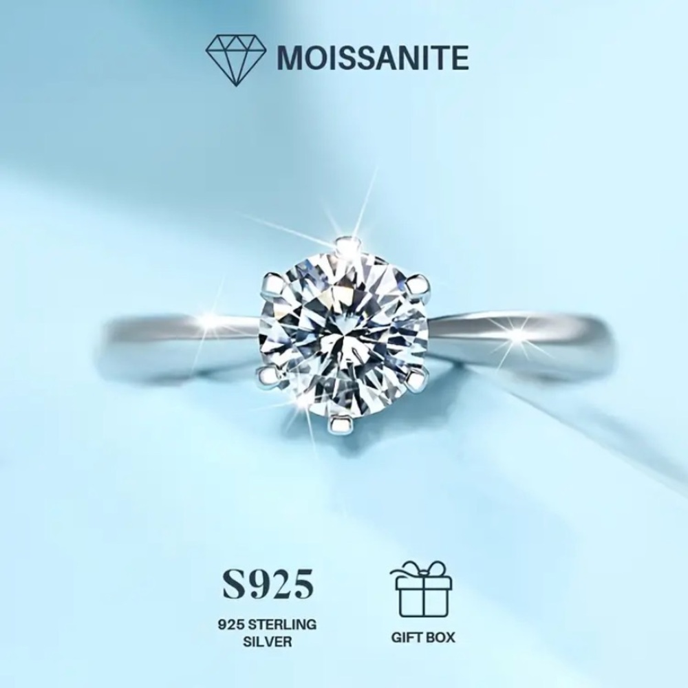 - Moissanite & 18kt White Gold Vermeil Solitaire Ring Size 7